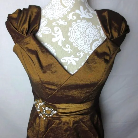 Badgley Mischka Cocktail Dress Metallic Bronze Crepe Rhinestone Evening Size 8 … - Picture 7 of 11